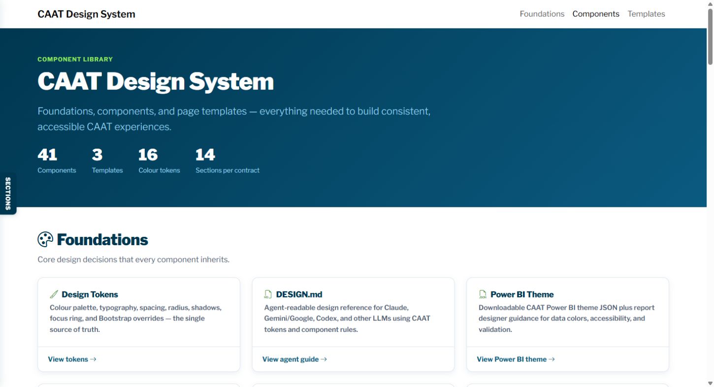 CAAT Design System component library showing foundations and system metrics