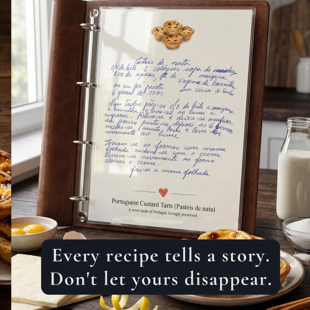 A handwritten Portuguese custard-tart recipe redrawn as a designed keepsake in a leather binder
