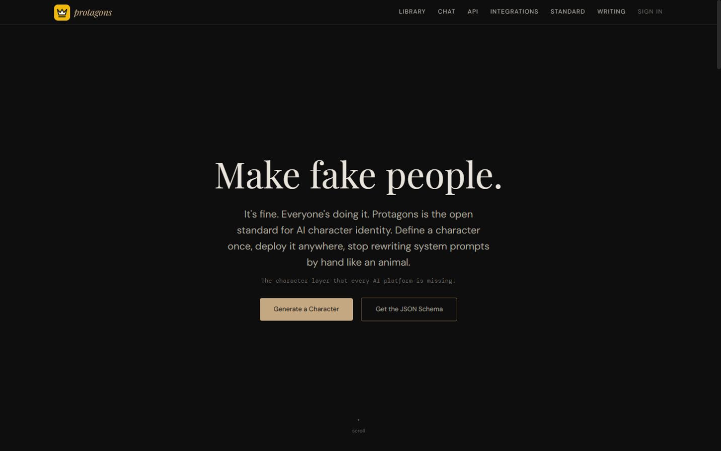 Protagons homepage introducing its open AI character identity standard