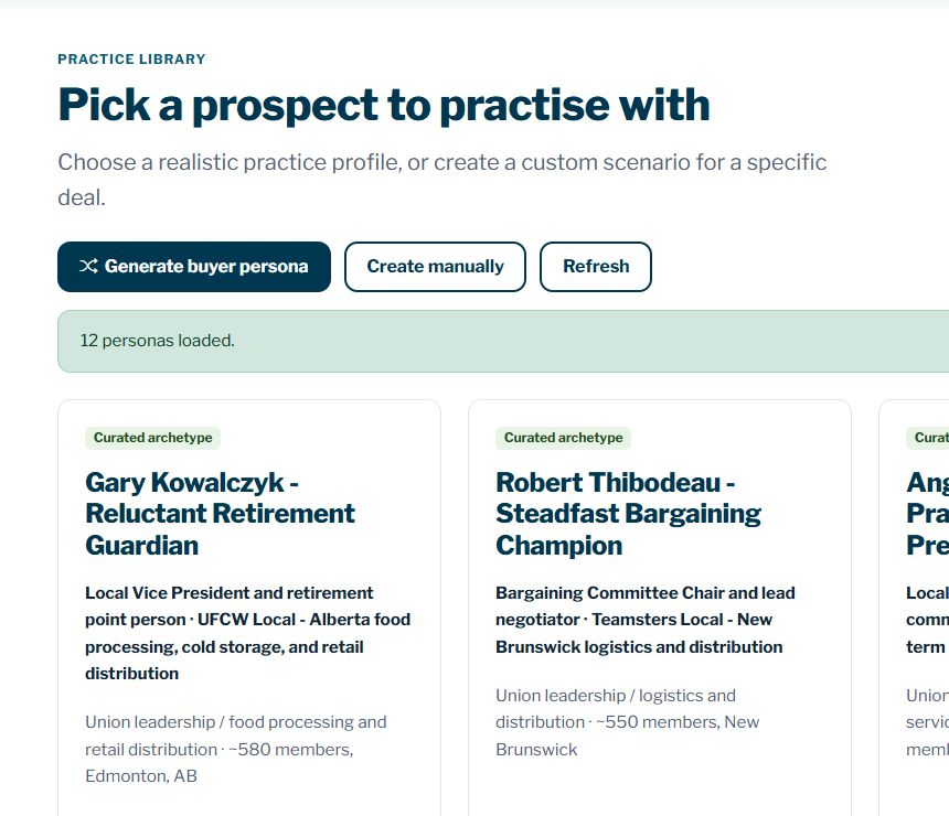 Sales Practice library showing AI buyer personas ready for rehearsal
