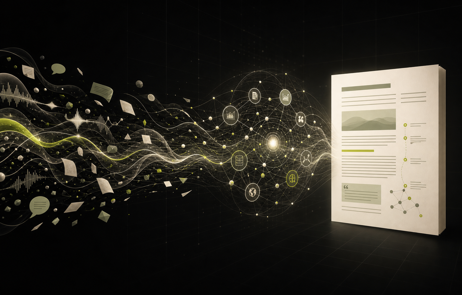 Concept visualization of voice fragments becoming research connections and a cited article