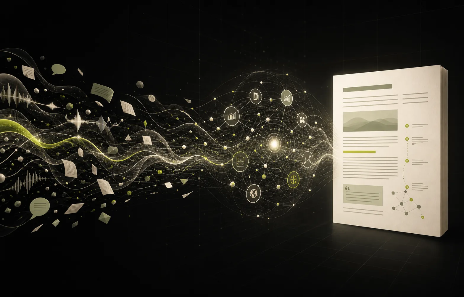 Concept visualization of voice fragments becoming research connections and a cited article