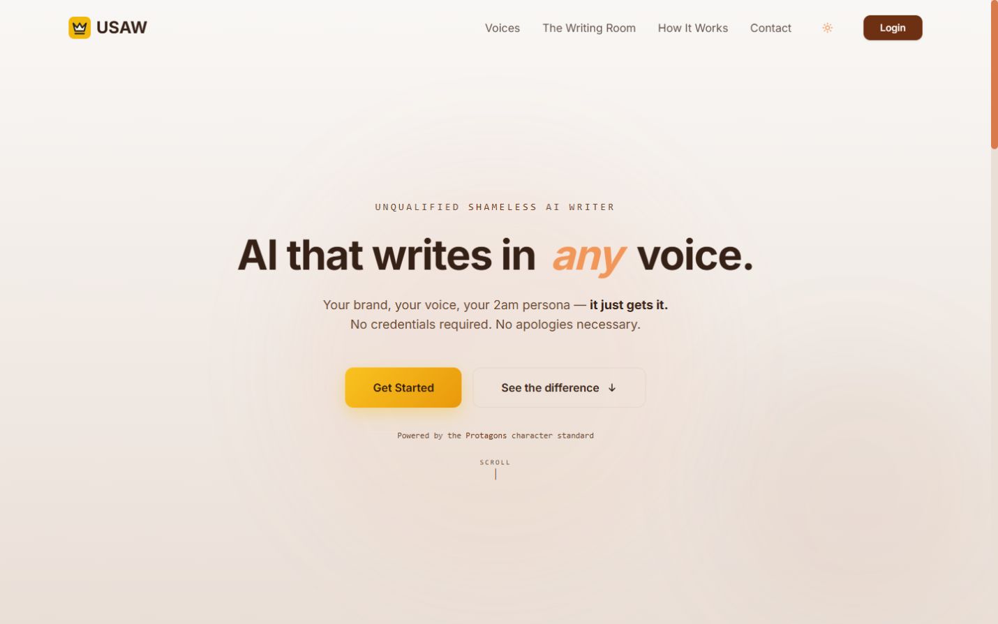 USAW homepage showing its AI writing in any voice product