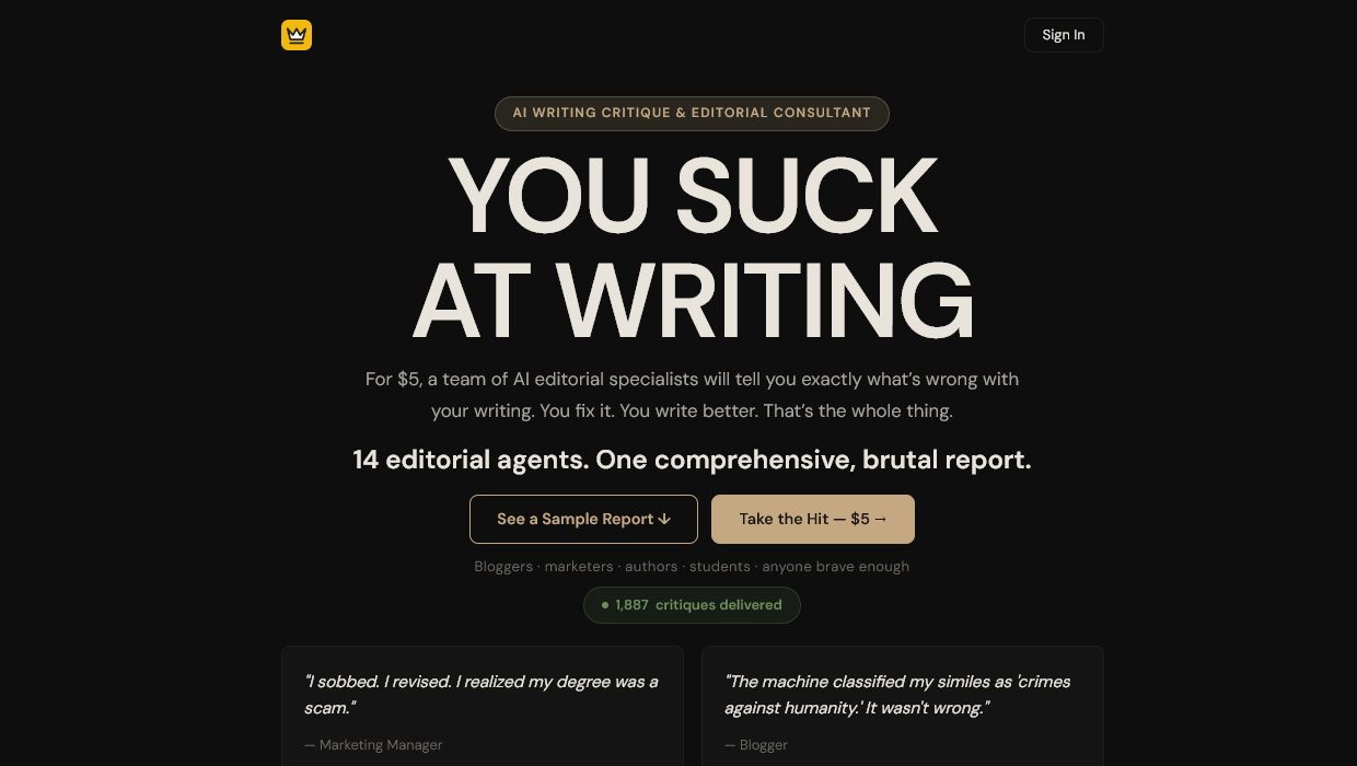 You Suck at Writing homepage offering a 14-agent editorial critique